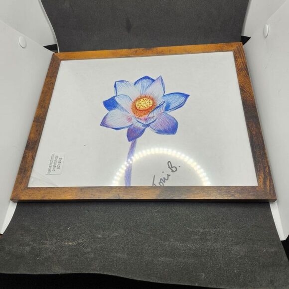 Hand Crafted Original Blue Floral Art   Framed Colored Pencil Drawing 12x10 - Picture 6 of 9